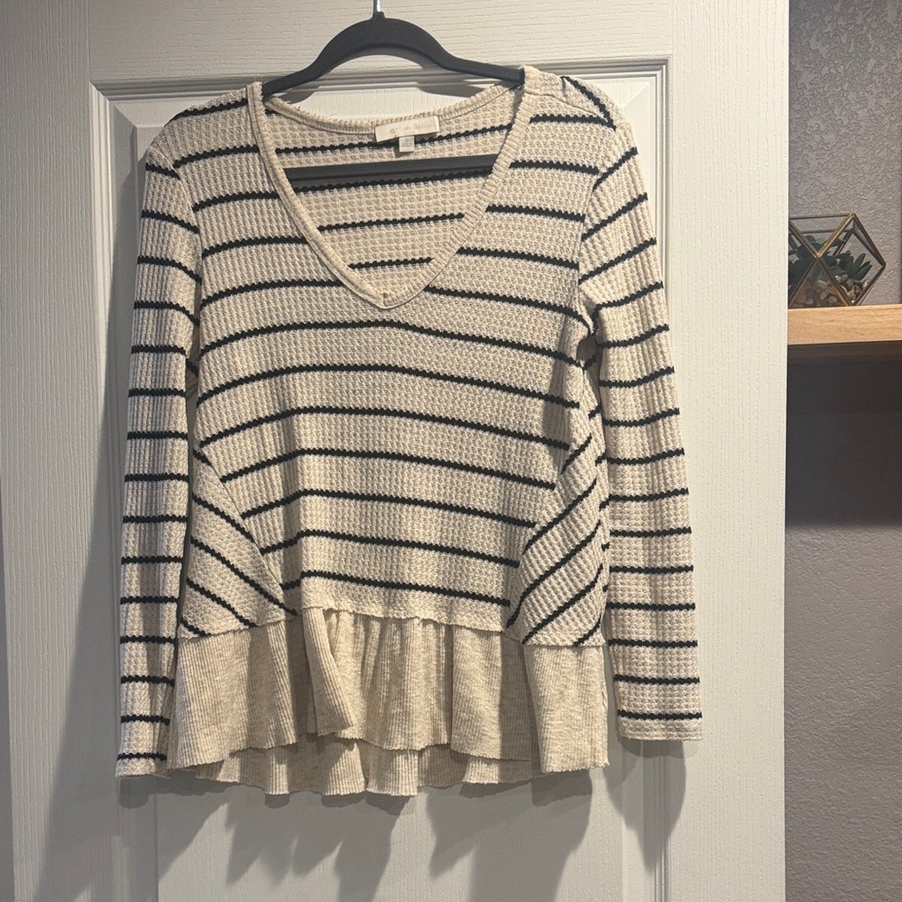 Elegant Striped V-Neck Peplum Top - Cream and Black